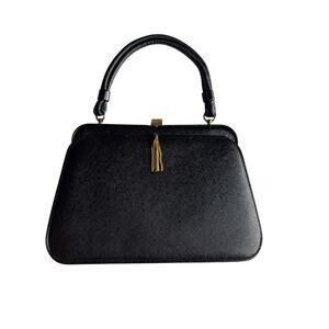 Vintage 60s Top Handle Clasp Black Leather Pocketbook Purse